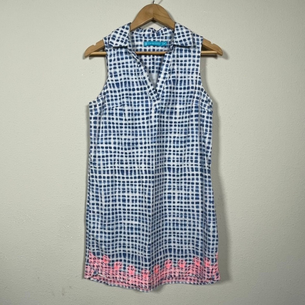 Tori Richard Shift Dress Womens 4 Blue White Coastal Cotton Pink Embroidered Hem